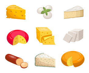 Cheese set. Yellow piece cheddar oval white mozzarella gouda slice blue mold roquefort smoked sausage chees slice vegetarian toffu feta, goat milk camembert. Fragrant color vector clipart.