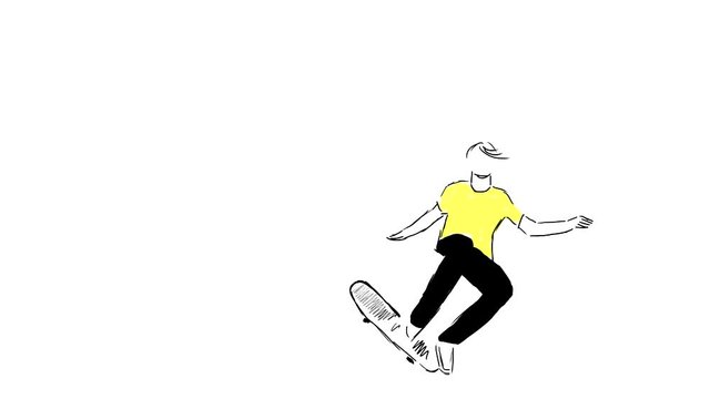 Hand-drawn classic animation of jumping on a skateboard. Black and white version and a variant with a yellow t-shirt