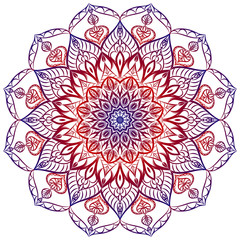 Mandala. Psychedelic vector. Oriental pattern for fabric, paper, glass. Gradient ornament in blue and red. Template for tattoo, henna pattern.