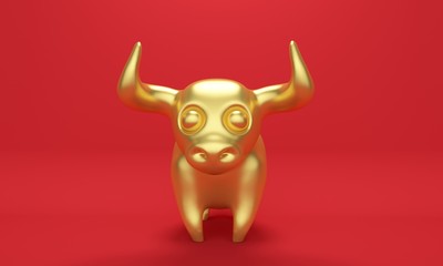 Golden bull with big horns on a red background. Front view. 3d rendering