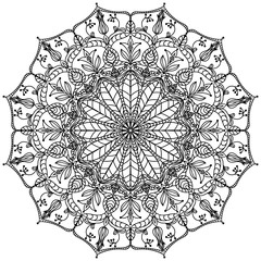 Mandala, floral pattern. Black round oriental ornament on a white background. Vector pattern for tattoo, henna drawing, coloring book page. Element for placing on fabric, paper, glass.