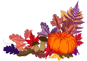Autumn leaves, pumpkin and mushrooms