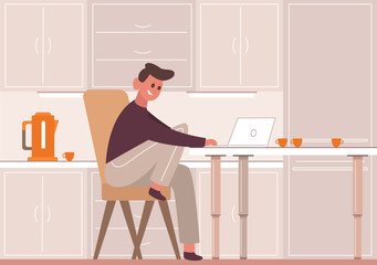 Man in kitchen with laptop. Smiling guy stays at home works laptop kitchen during quarantine orange coffee pot cupscoffee illustration remote work connection coronavirus. Calm vector cartoon.