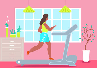 Girl treadmill at home. Happy woman jogging during quarantine treadmill at home sports girl is jogging her apartment front larger window. Color vector flat graphics.