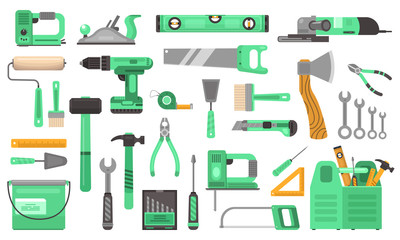 Construction repair tools set. Branded elite toolkit drill green drill angle grinder hand saw wrenches hammer ruler level tool box roller putty knife screwdriver brush dril . Repair vector flat.