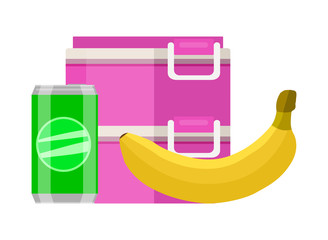 Lunchbox school snack. Pink two tier food container lunchbox yellow ripe banana green soda can healthy fresh breakfast every day. Tasty vector clipart.