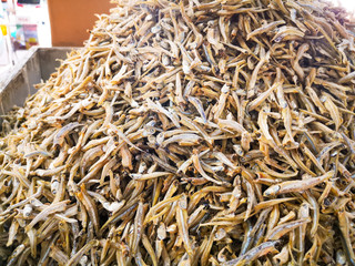 Dried anchovy display in a seafood market at Malaysia