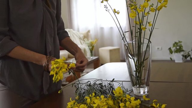 Crop view of woman arranging yellow blossom gorse at home
