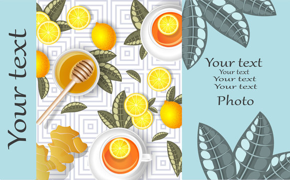 Vector background image of tea and lemons. The concept of preventive measures against a pandemic and seasonal diseases, a pleasant pastime in self-isolation. Tea ceremony. With place for your inscript