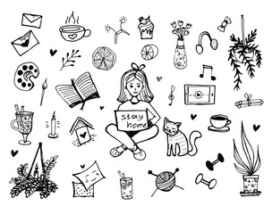 Work From Home Concept Doodle Set. Hobbies and entertainment at home isolated. Freelancer, work at home. Vase with flowers, tablet, orange, girl with laptop, book, cupcake, internet.