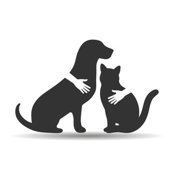 silhouette of a dog and cat hug their hands on a white background