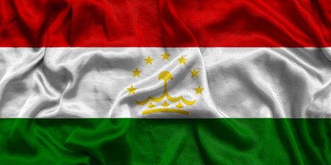 Tajikistan national flag background with fabric texture. Flag of Tajikistan waving in the wind. 3D illustration