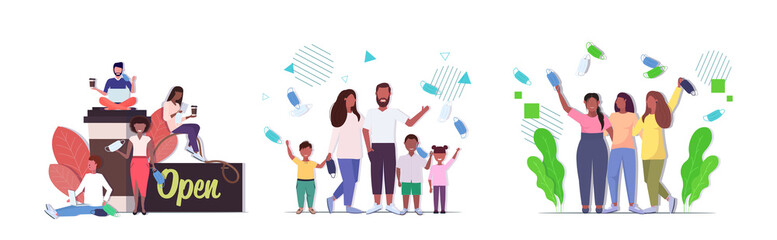 set people celebrating victory over covid-19 coronavirus quarantine is ending horizontal vector illustration