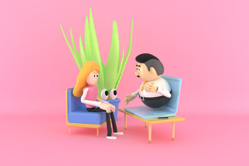 3d illustrator of cartoon characters. Online meeting. A woman sitting on the sofa And the man is on the computer