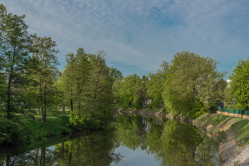 Malse river in spring morning in Budweis city