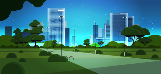 night urban park city skyline skyskraper buildings and blue dark sky with stars cityscape background horizontal vector illustration