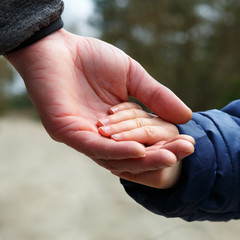 A small child's hand in his father's big palm. My daughter is holding my father's hand. Strong family, parenting, care and upbringing. The concept of family, protection, reliability, a bright future
