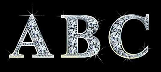 Diamond alphabet letters. Stunning beautiful ABC jewelry set in gems and silver. Vector eps10 illustration. - 349952326