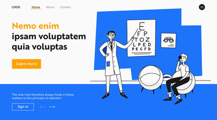 Young man examining eyesight. Patient visiting ophthalmologist office flat illustration. Examination, clinic, eye care concept for banner, website design or landing web page