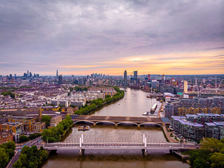 Aerial view of Chelsea bridge and central London, UK