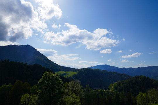 Beautiful mountain landscape and sky, forest in Austria. © mar1sha