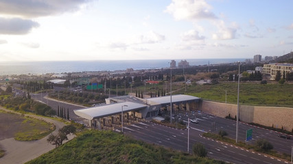 HAIFA, ISRAEL - April 10, 2020: Aerial view of a toll payment point. Haifa Toll road collection stop.