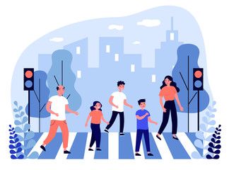 Family crossing street. Man, woman, kid, pedestrian, crosswalk flat vector illustration. Urban traffic, city, rules concept for banner, website design or landing web page