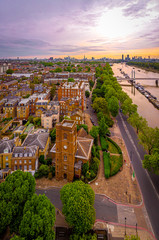 Aerial view of Chelsea old church and central London, UK