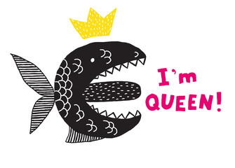A fictional monster fish with an open mouth and tongue. Phrase I am queen. Conceptual design for t-shirts and other merch.