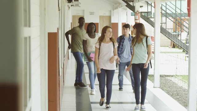 Group of mixed races teenagers happy exiting from school, vintage filter