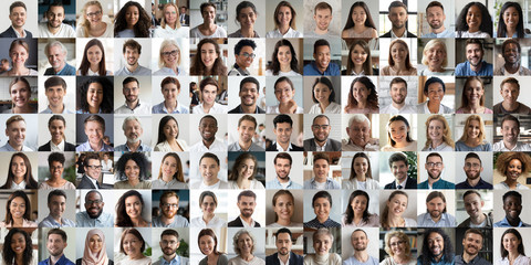 Collage mosaic of many multiracial people of different age and ethnicity faces headshots close up portraits. Lot of happy mixed multicultural diverse business people group photo collection concept. - Powered by Adobe
