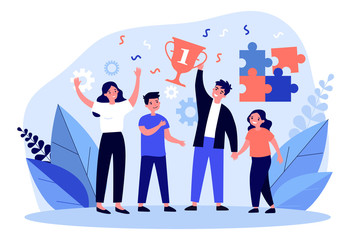 Happy parents and children celebrating success. Family contest, teamwork, togetherness flat vector illustration. Family, success, achievement concept for banner, website design or landing web page