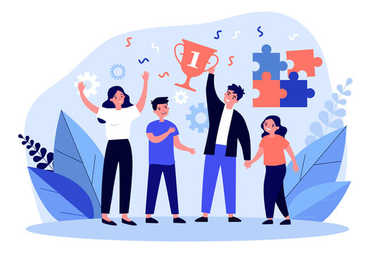 Happy parents and children celebrating success. Family contest, teamwork, togetherness flat vector illustration. Family, success, achievement concept for banner, website design or landing web page