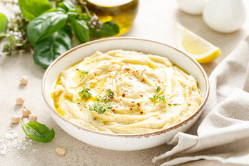 Hummus, mashed chickpeas with lemon, spices and herbs