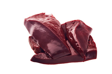 Obraz premium Raw beef livers on white background.