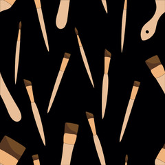 Seamless pattern with Different paint brushes isolated on black background. Art tools vector illustration
