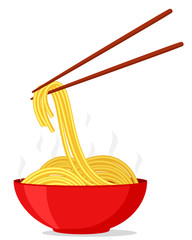 Noodles in a bowl and chopsticks on a white