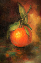 ripe tangerine on a Golden background, oil painting