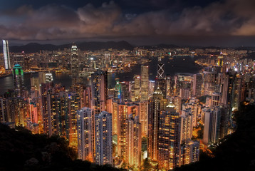 View from the Peak of Hong Kong and Kowloon City Skyline at Night