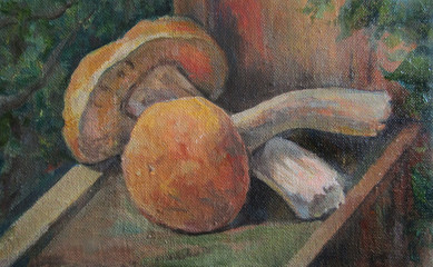 two mushrooms in the country, oil painting