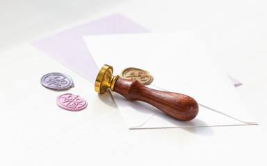 Envelope and wax seal in different colors with the inscription - love