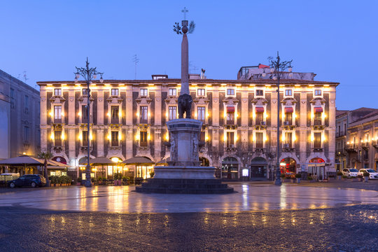 Liotru, Elephant Fountain, symbol of Catania on Piazza Duomo at night, Catania, Sicily,