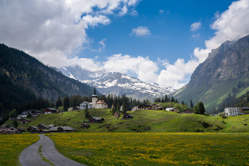 Fototapeta na wymiar view of the Urnerboden village high up in the Swiss Alps in the canton of Uri in late spring