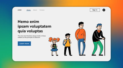 Different age generation set. Girl, boy, adult, old man flat illustration. Growth, life cycle, family concept for banner, website design or landing web page