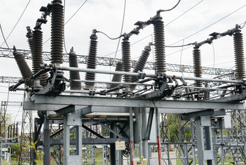 Modern and technological equipment of an electric substation close-up. Energy. Industry