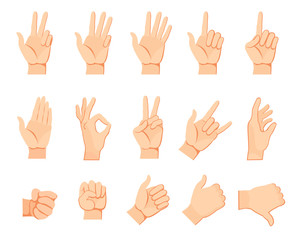 Human hand gestures set. Arms and wrists, amount signs, open palm, pointing with finger, greeting, fist. Vector illustration for communication, signals concept