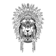 Lion head on a white background, a lion in the feathers of an Indian, an american native.