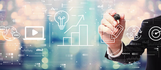 Content marketing concept with businessman on blurred abstract background