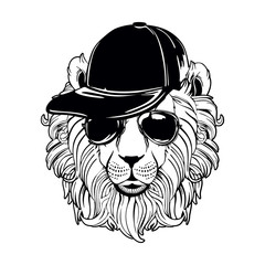 Lion head on a white background. Lion hat and sunglasses.