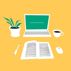 
Workplace illustration with laptop, notebook, pen and plant. Distance education concept. Online learning. Paper cutout stylization